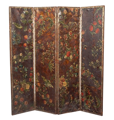 Lot 648 - Continental Painted and Tooled Leather Four-Panel Screen