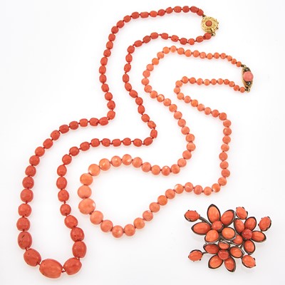 Lot 1223 - Two Coral Bead Necklaces and Silver and Coral Brooch