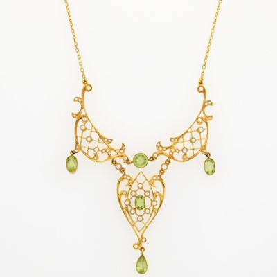 Lot 1138 - Gold, Peridot and Seed Pearl Pendant-Necklace