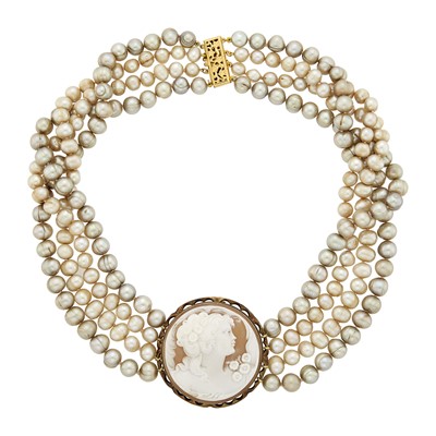 Lot 1144 - Four Strand Multicolored Baroque Freshwater Pearl, Silver-Gilt and Shell Cameo Brooch Pendant-Necklace