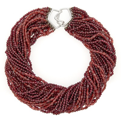 Lot 1202 - Thirty Strand Garnet Bead Necklace with White Gold Clasp