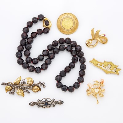 Lot 1244 - Garnet Bead Necklace with Gold Clasp and Six Gold, Silver, Coral and Diamond Brooches
