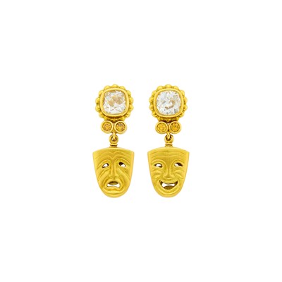 Lot 12 - Julius Cohen Pair of Gold, Diamond and Colored Diamond 'Comedy and Tragedy Mask' Pendant-Earclips