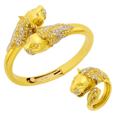 Lot 126 - Two-Color Gold and Diamond Lioness Bangle Bracelet and Ring