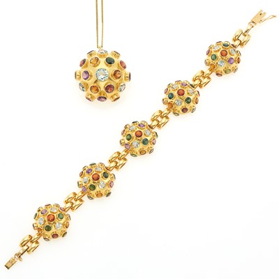 Lot 1089 - Gold and Gem-Set Sputnik Pendant-Brooch with Chain Necklace and Bracelet