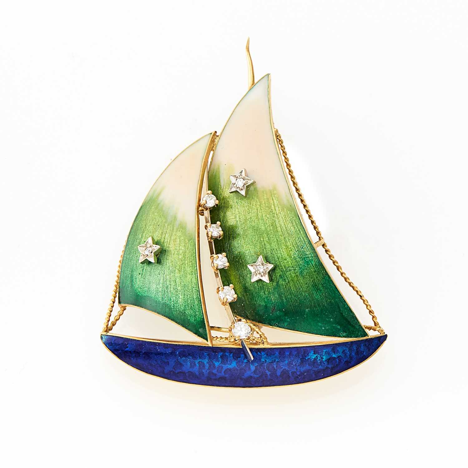 Lot 1034 - Gold, Enamel and Diamond Sailboat Brooch