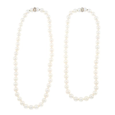 Lot 2178 - Pair of Cultured Pearl, Gold and Diamond Necklaces