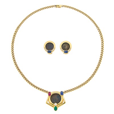 Lot 2176 - Gold, Bronze Coin, Cabochon Colored Stone and Diamond Pendant-Necklace and Pair of Earclips