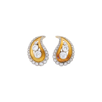 Lot 152 - Pair of Gold, Platinum and Diamond Paisley Earclips