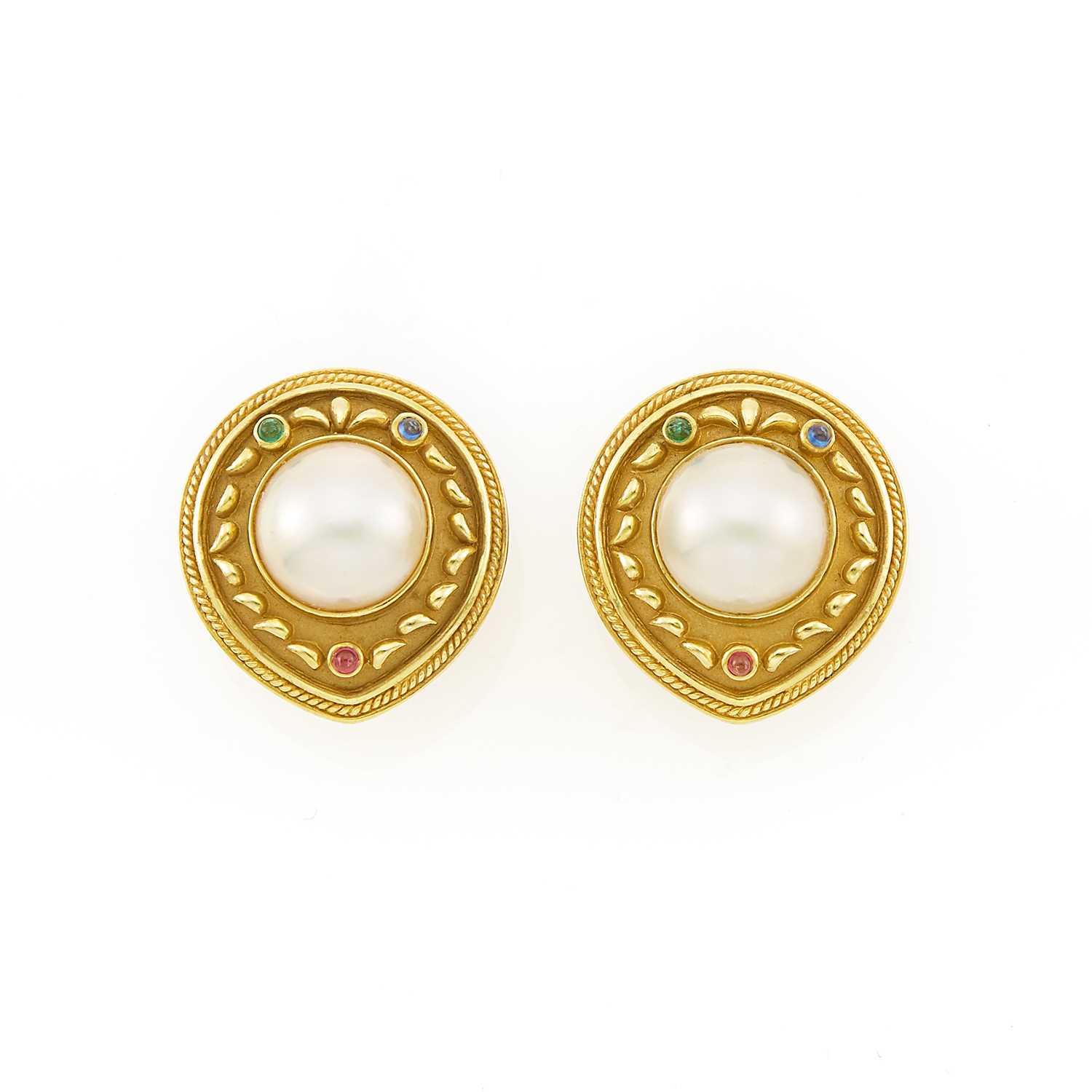 Lot 1076 - Pair of Gold, Mabé Pearl and Cabochon Colored Stone Earclips