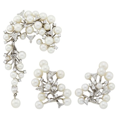 Lot 63 - White Gold, Cultured Pearl and Diamond Pendant-Brooch and David Webb Pair of Earclips