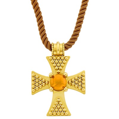 Lot 136 - Chanel Gold and Cabochon Citrine Maltese Cross Pendant with Cord Necklace, France