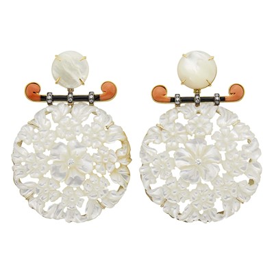Lot 120 - Silvia Furmanovich Pair of Gold, Carved Mother-of-Pearl, Coral, Black Enamel and Diamond Pendant-Earrings