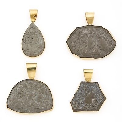 Lot 1107 - Four Oversized Gold and Lava Cameo Pendant-Brooches