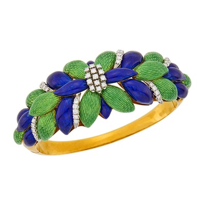 Lot 101 - Two-Color Gold, Enamel and Diamond Bangle Bracelet