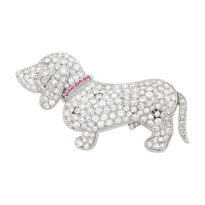 Lot 135 - Platinum, Diamond and Ruby Basset Hound Brooch
