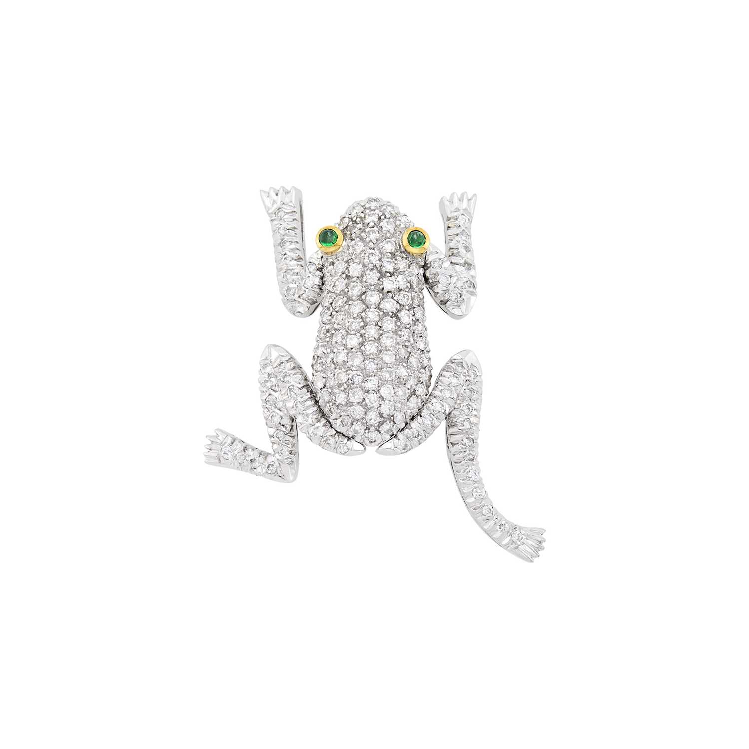 Lot 1179 - White Gold, Diamond and Emerald Frog Brooch
