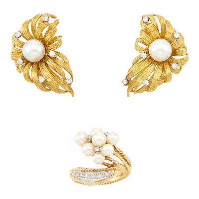 Lot 1230 - Gold, Cultured Pearl and Diamond Ring and Pair of Earclips
