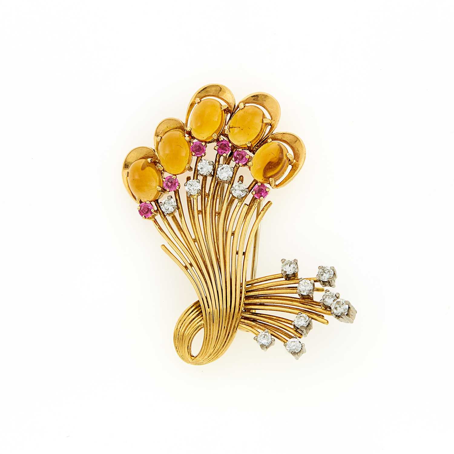 Lot 1081 - Gold, Cabochon Citrine, Ruby and Diamond Clip-Brooch