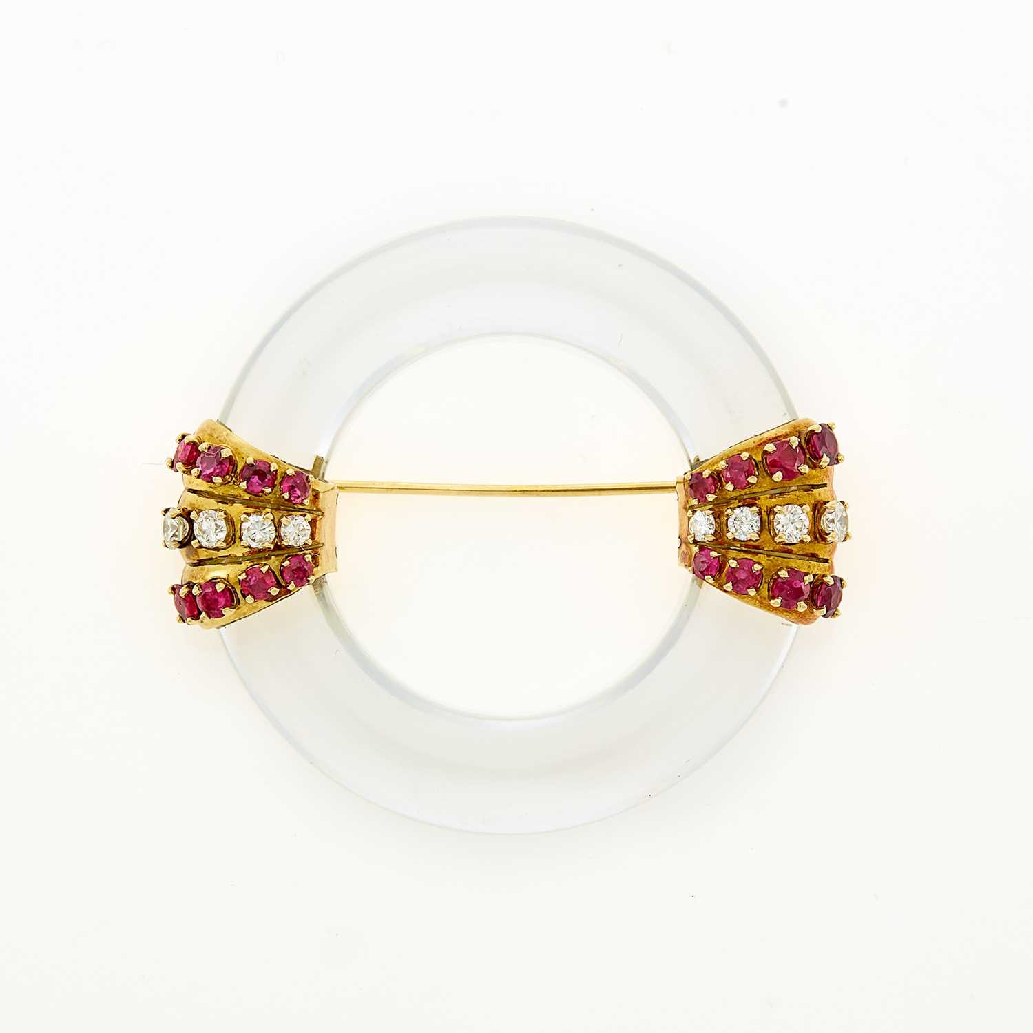 Lot 1073 - Rock Crystal, Gold, Diamond and Ruby Circle Brooch