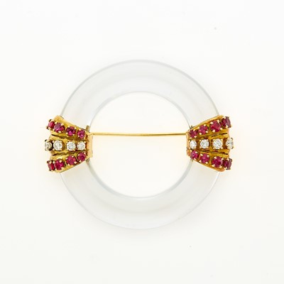 Lot 1073 - Rock Crystal, Gold, Diamond and Ruby Circle Brooch