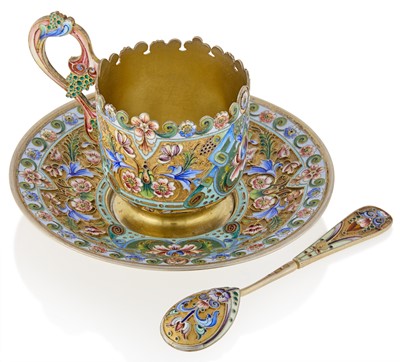 Lot 109 - Russian Silver-Gilt and Cloisonné Enamel Cup, Saucer, and Spoon