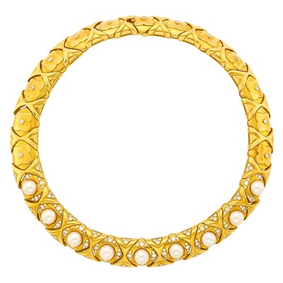Lot 1191 - Gold, Cultured Pearl and Diamond Necklace