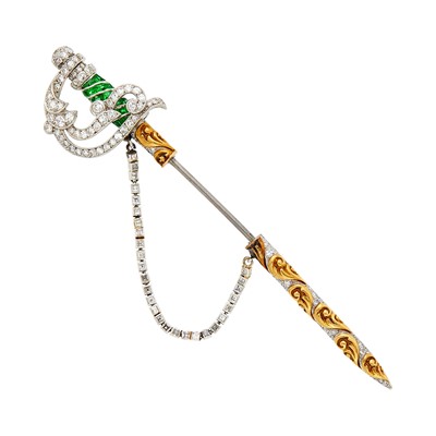 Lot 164 - Cartier Platinum, Gold, Emerald and Diamond Sword Jabot