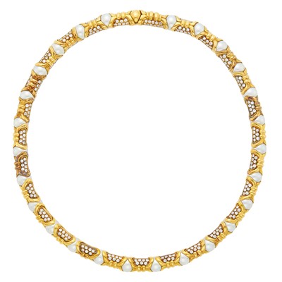 Lot 222 - Bulgari Gold, Cultured Pearl and Diamond Necklace
