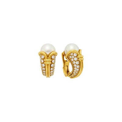 Lot 223 - Bulgari Pair of Gold, Cultured Pearl and Diamond Earclips