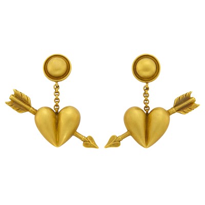 Lot 173 - Barry Kieselstein-Cord Pair of Gold Heart and Arrow Pendant-Earclips