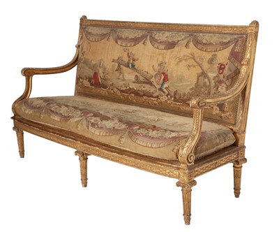 Lot 247 - Louis XVI Style Aubusson Tapestry-Upholstered Giltwood Settee