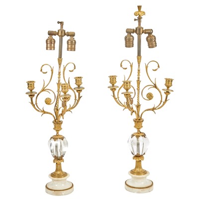 Lot 453 - Pair of Neoclassical Style Gilt-Bronze and Rock Crystal Three-Light Candelabra