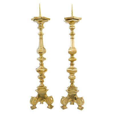 Lot 792 - Pair of Continental Brass Pricket Altar Sticks