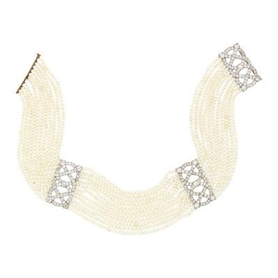 Lot 158 - Antique Eleven Strand Natural Pearl and Cultured Freshwater Pearl Platinum, Gold and Diamond Choker Necklace