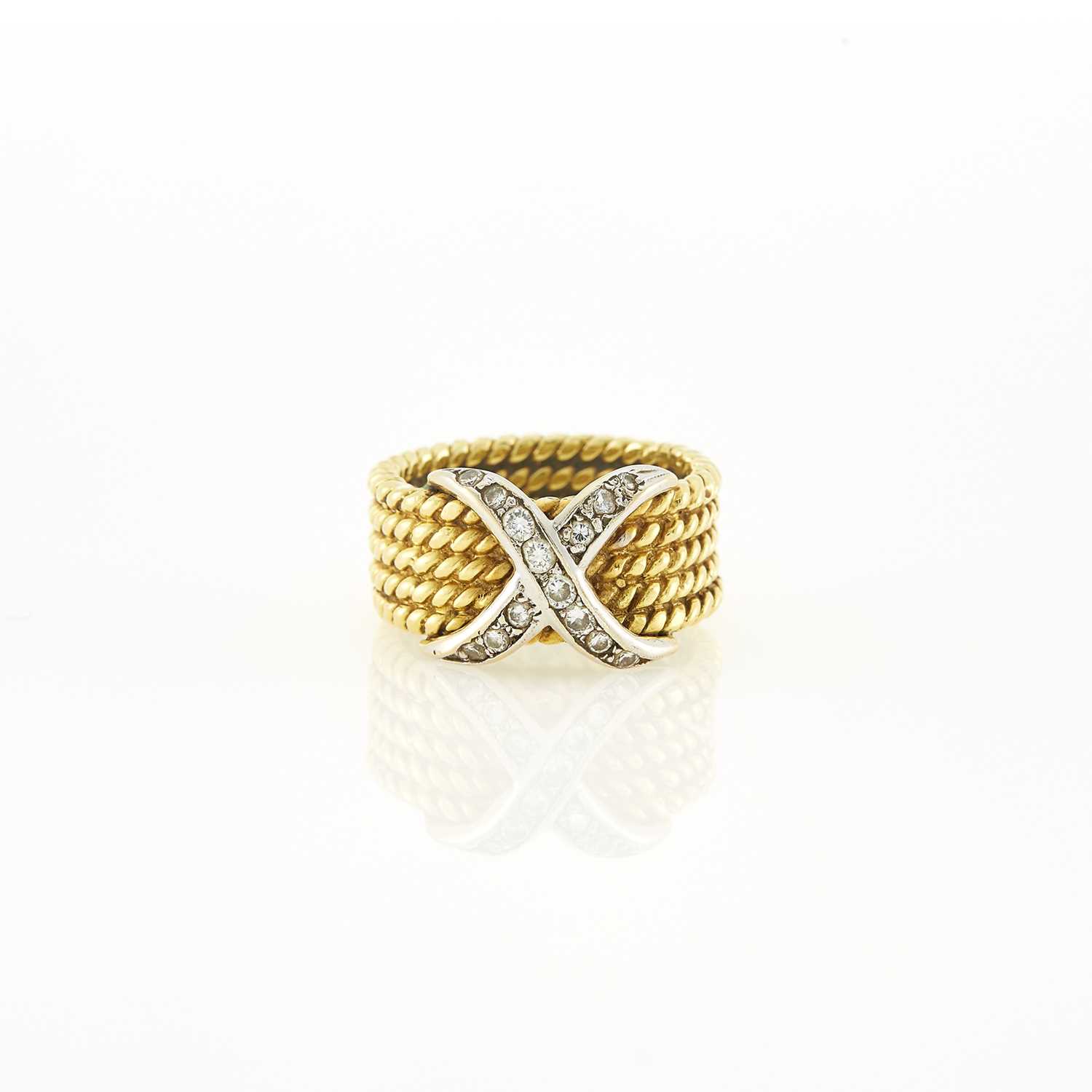 Lot 1029 - Two-Color Gold and Diamond 'X' Ring