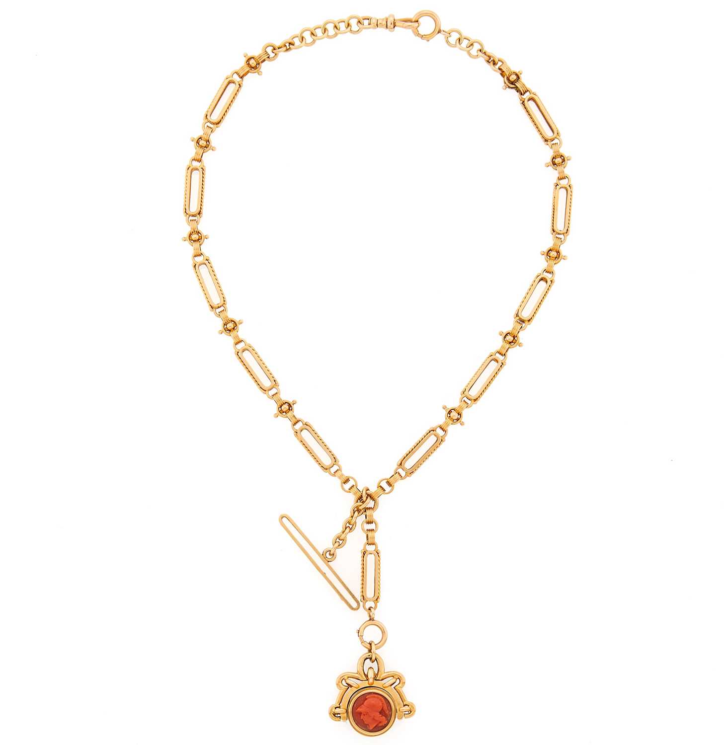 Lot 1142 - Gold Watch Fob Chain with Coral and Agate Seal