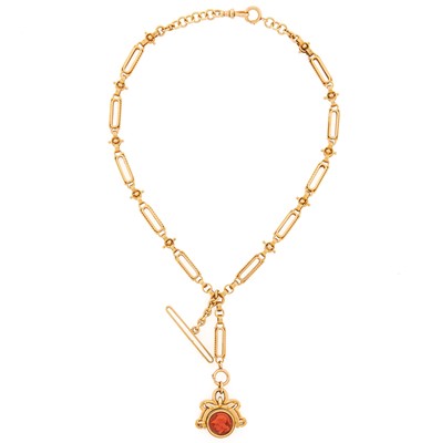 Lot 1142 - Gold Watch Fob Chain with Coral and Agate Seal