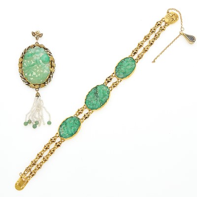Lot 1135 - Gold and Carved Jade Bracelet and Carved Jade and Seed Pearl Pendant