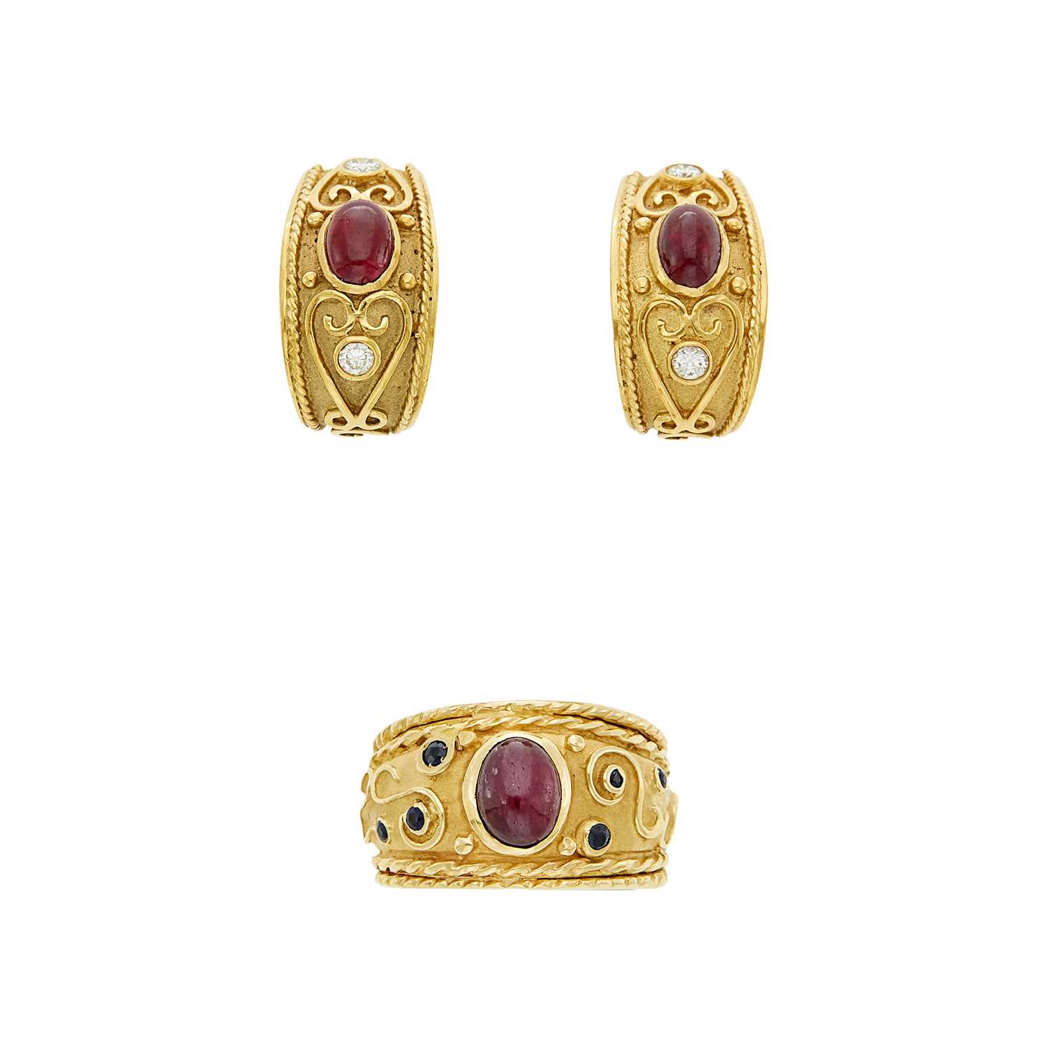 Lot 1096 - Pair of Gold, Cabochon Ruby, Sapphire and Diamond Earrings and Ring
