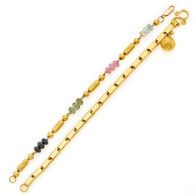 Lot 1111 - Two High Karat Gold, Gold and Multicolored Tourmaline Bead Bracelets