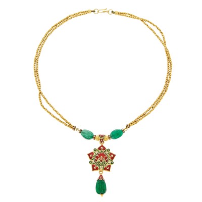 Lot 1115 - High Karat Double Strand Gold, Gold, Emerald Bead, Foil-Backed Ruby and White Sapphire and Jaipur Enamel Pendant-Necklace