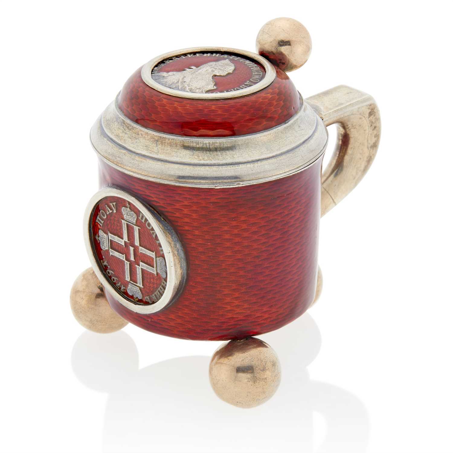 Lot 78 - Russian Silver-Gilt and Guilloché Enamel Miniature Tankard