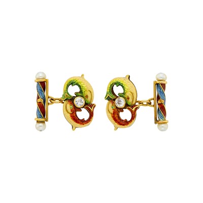 Lot 40 - Pair of Gold, Enamel, Pearl and Diamond 'Pisces' Cufflinks