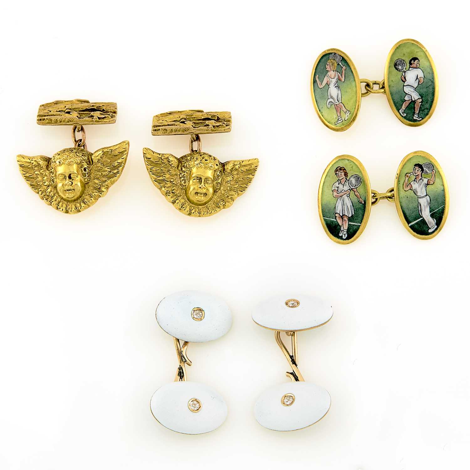Lot 1137 - Two Pairs of Enamel Cufflinks and Pair of Low Karat Gold Cherub Cufflinks