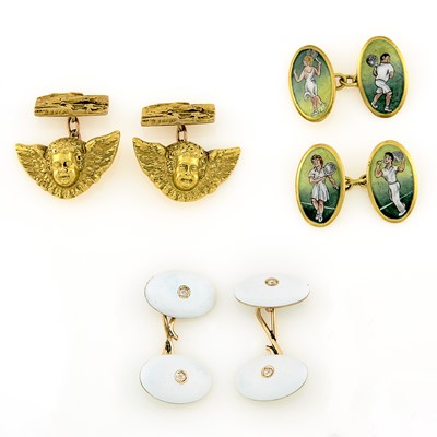 Lot 1137 - Two Pairs of Enamel Cufflinks and Pair of Low Karat Gold Cherub Cufflinks