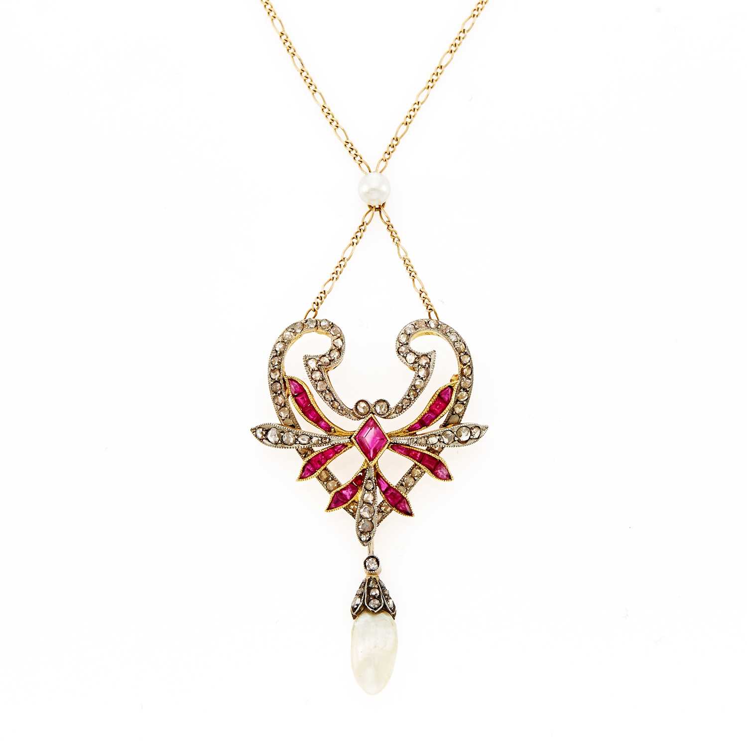 Lot 1154 - Antique Silver, Gold, Diamond, Ruby and Pearl Pendant-Necklace