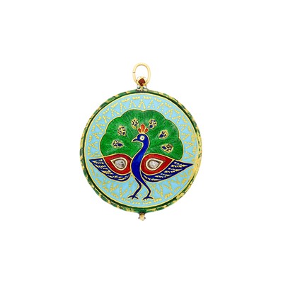 Lot 45 - Antique Indian Double Sided Gold, Multicolored Enamel and Diamond Pendant