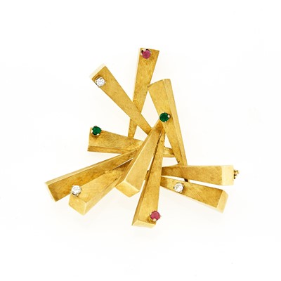 Lot 1103 - Gold, Diamond and Colored Stone Abstract Pendant-Brooch