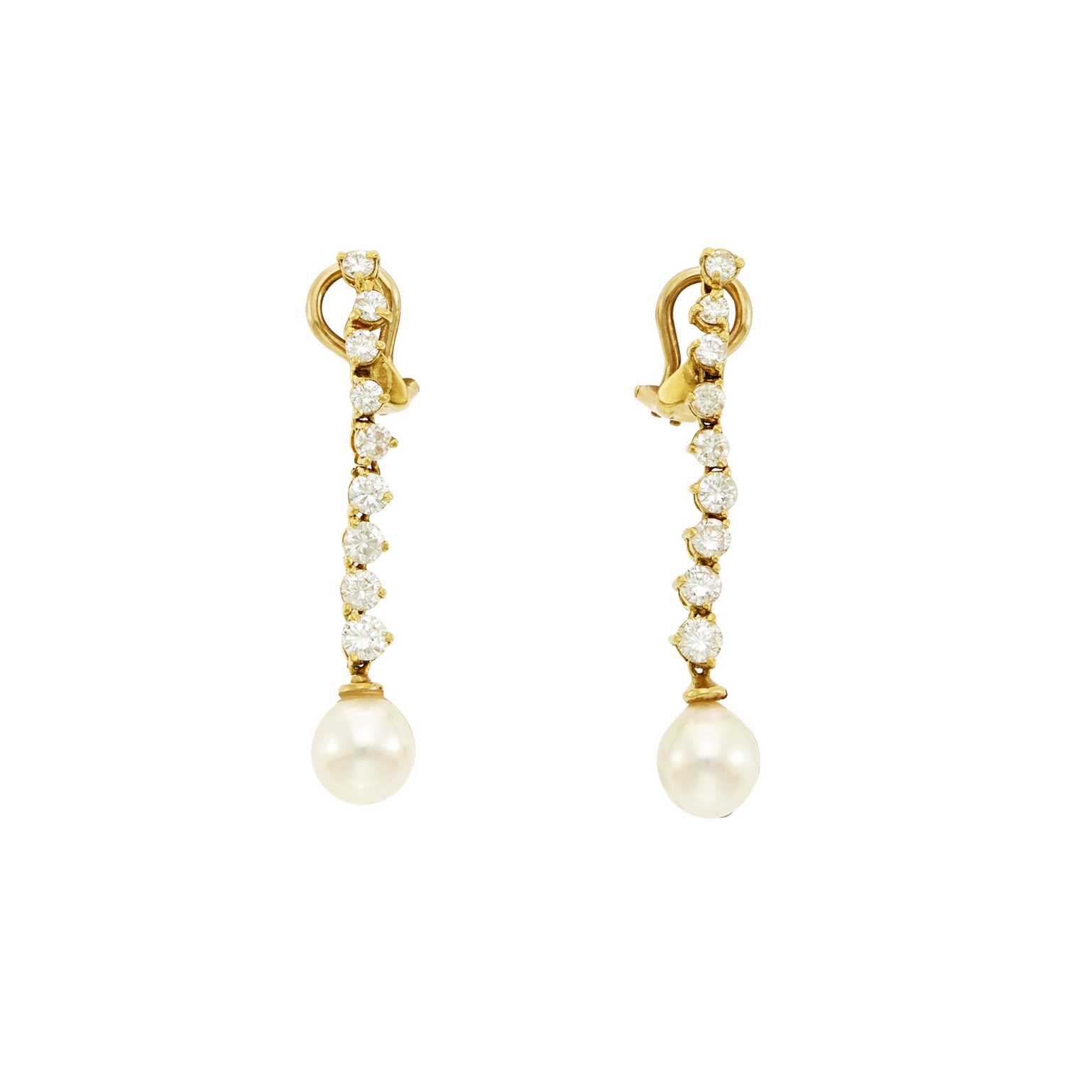 Lot 1045 - Pair of Gold, Cultured Pearl and Diamond Pendant-Earrings